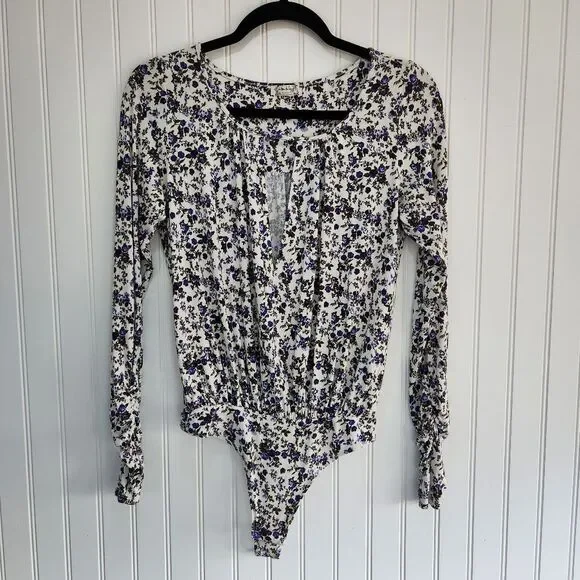 FREE PEOPLE Intimately 'Kaya' Ivory Floral Print Cutout Long Sleeve Bodysuit XS - Picture 2 of 11